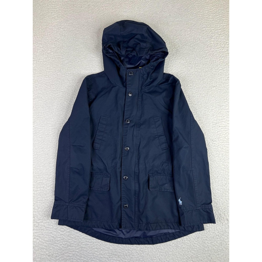 Polo Ralph Lauren Parka Jacket Youth Medium 8-10 Blue Hooded Logo Pockets Twill